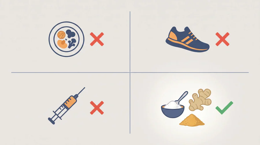 Quadrant graphic with three squares crossed out - diet plate, running shoe, syringe - and the fourth highlighted with baking soda, ginger and berberine