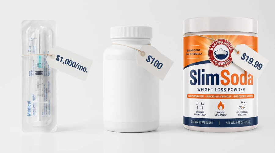 Price comparison graphic with a $1,000 per month syringe, a $100 fancy capsule bottle, and a SlimSoda tub at $19.99 each